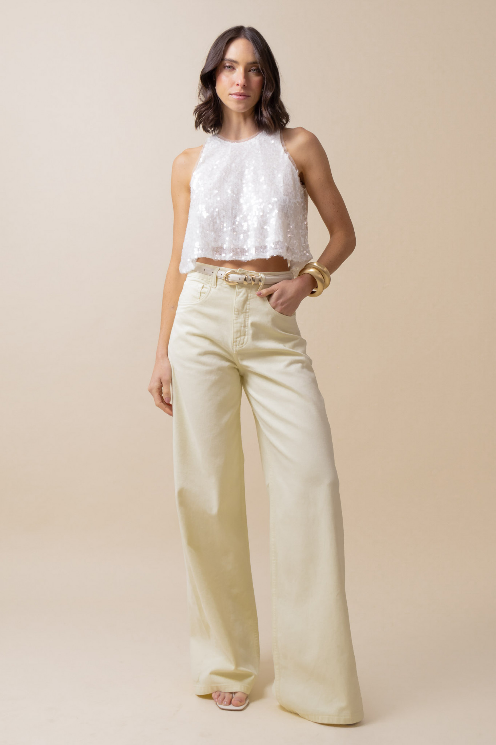 Calça Sarja Pallazzo Amarela