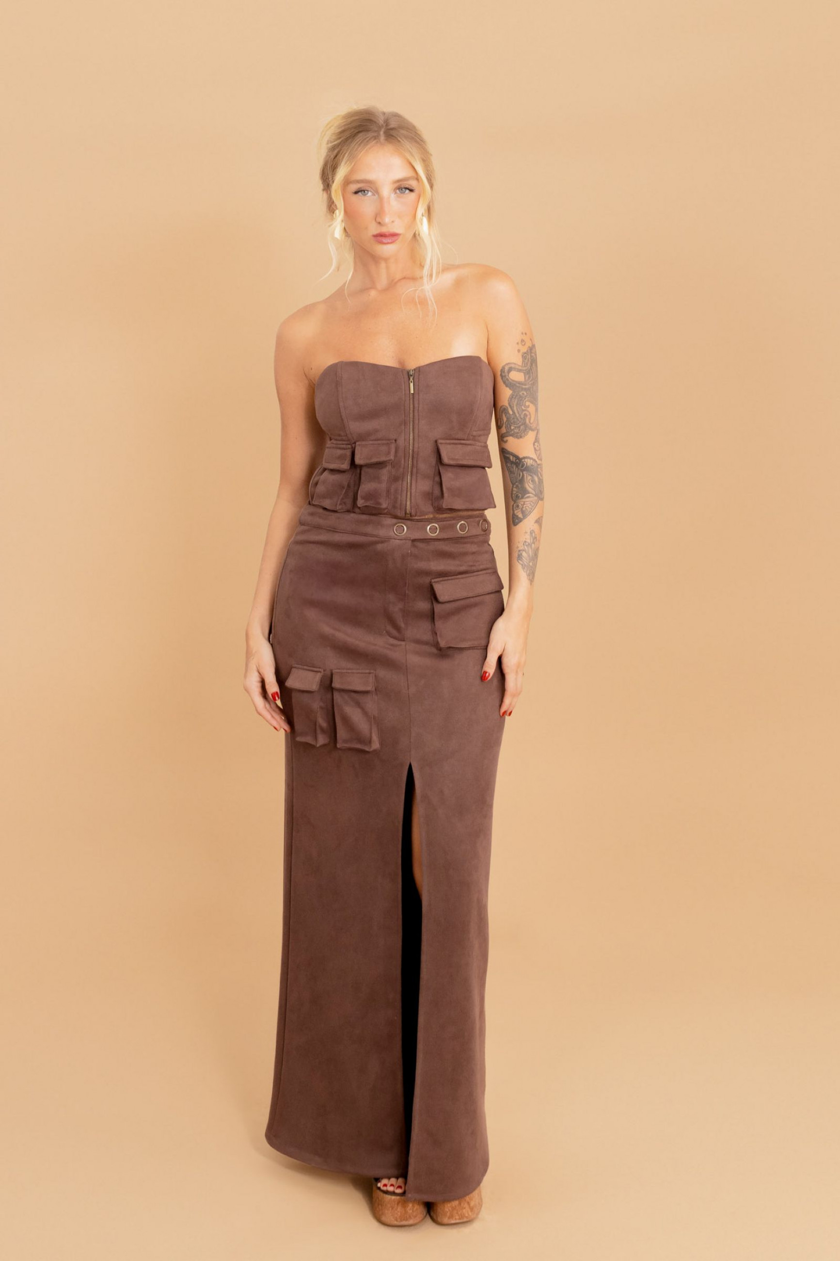 Saia Longa Cargo Velvet Marrom