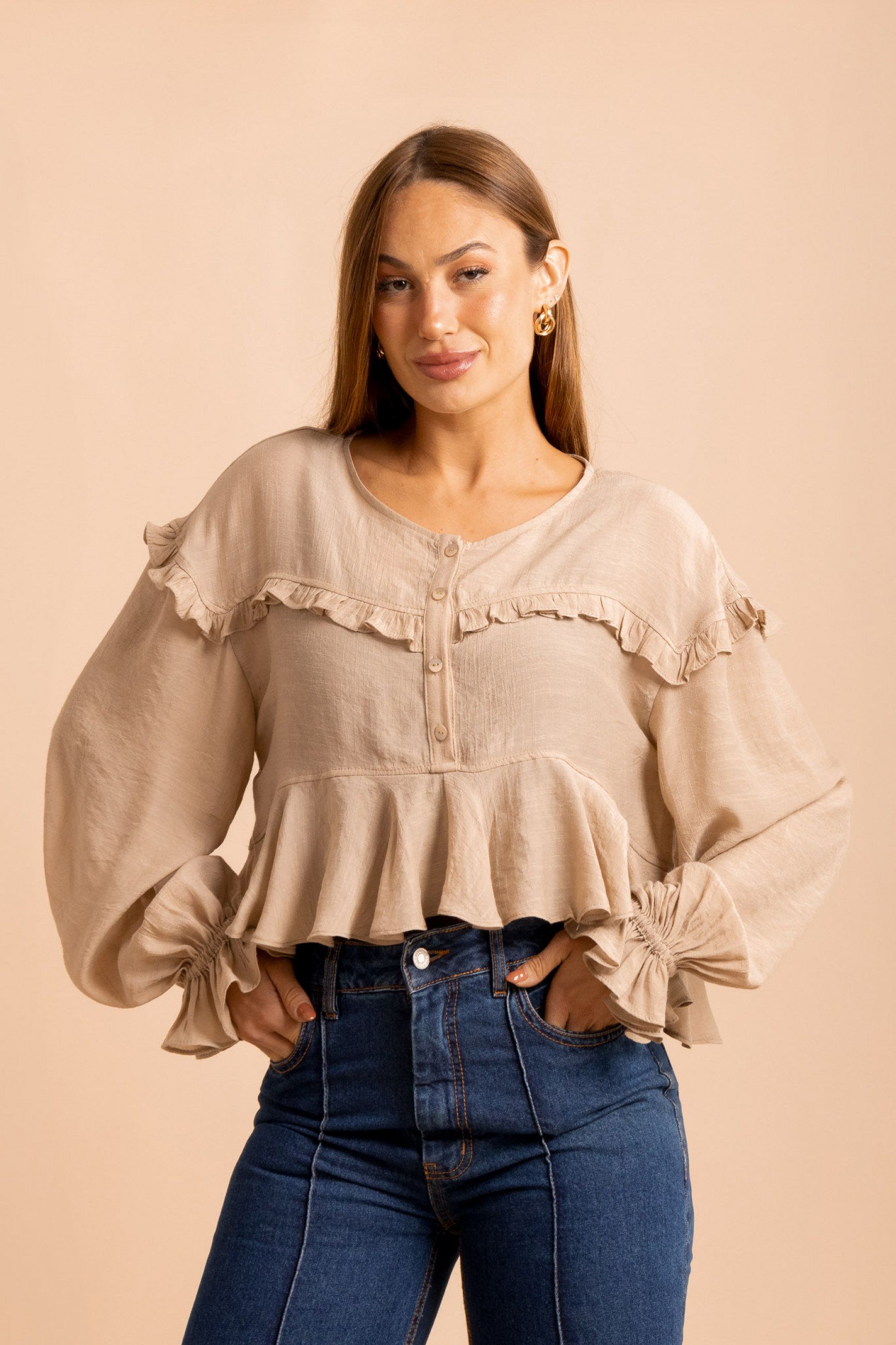 Blusa Cropped Babados Veil Bege 