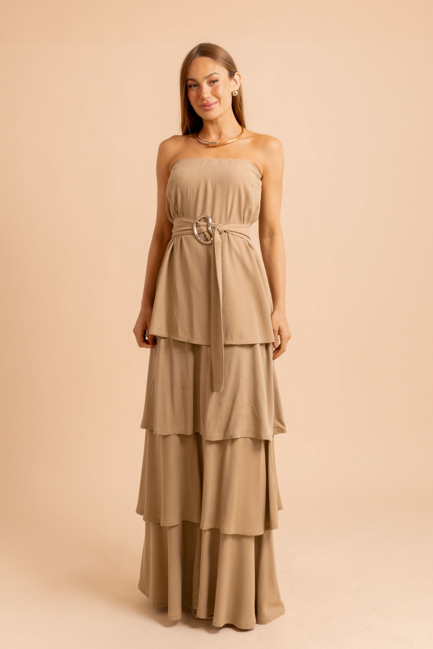Vestido Longo Sem Alças Bruma Bege