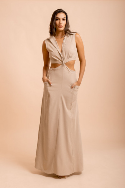 Vestido Franzido Nômade Bege