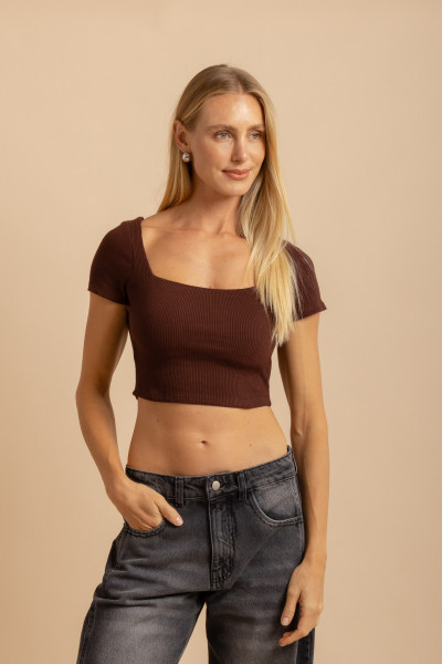 Blusa Cropeed Malha Track Marrom