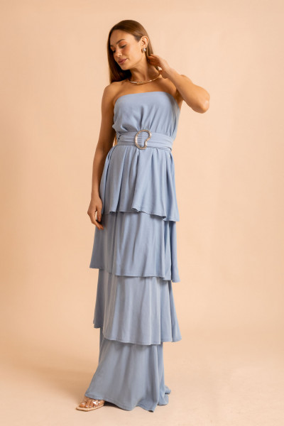 Vestido Longo Sem Alças Bruma Azul