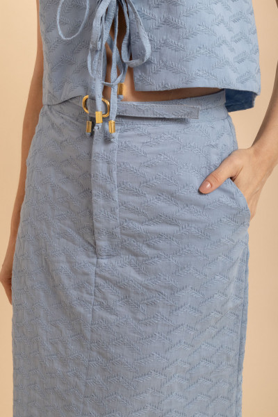 Saia Midi Com Fenda Bordado Echo Azul 