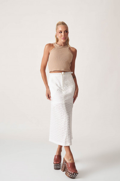 Saia Midi Com Fenda Bordado Echo Off White