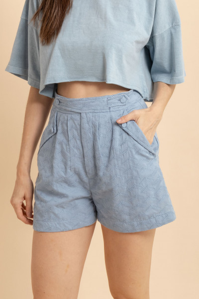 Shorts De Pregas Bordado Echo Azul 