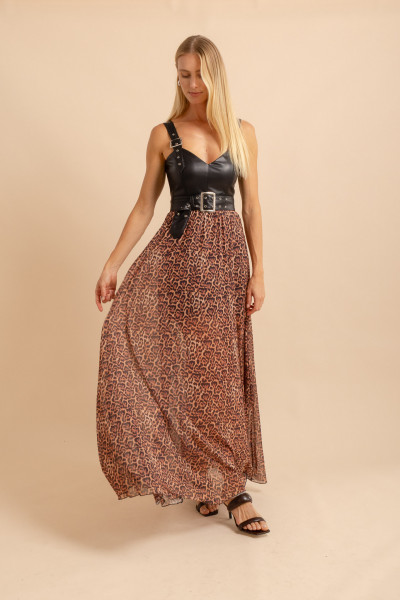 Vestido Couro Tule Onça Marrom