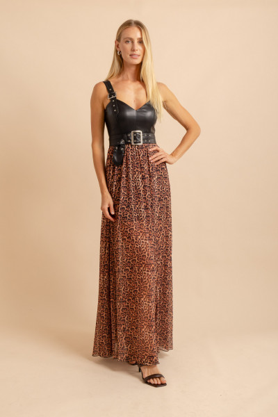 Vestido Couro Tule Onça Marrom