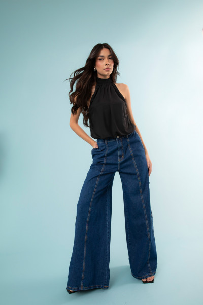 Calça Max Pantalona Jeans Escuro