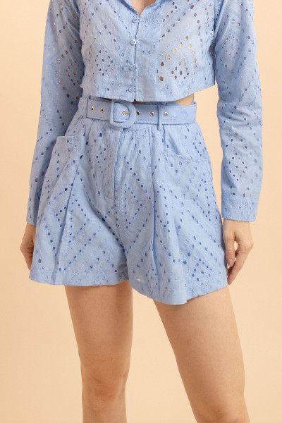 Shorts Amplo Bordado Laise Lume Azul 